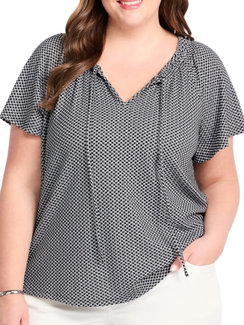 Black & White Geometric Tie-Neck Top Sz Nwt